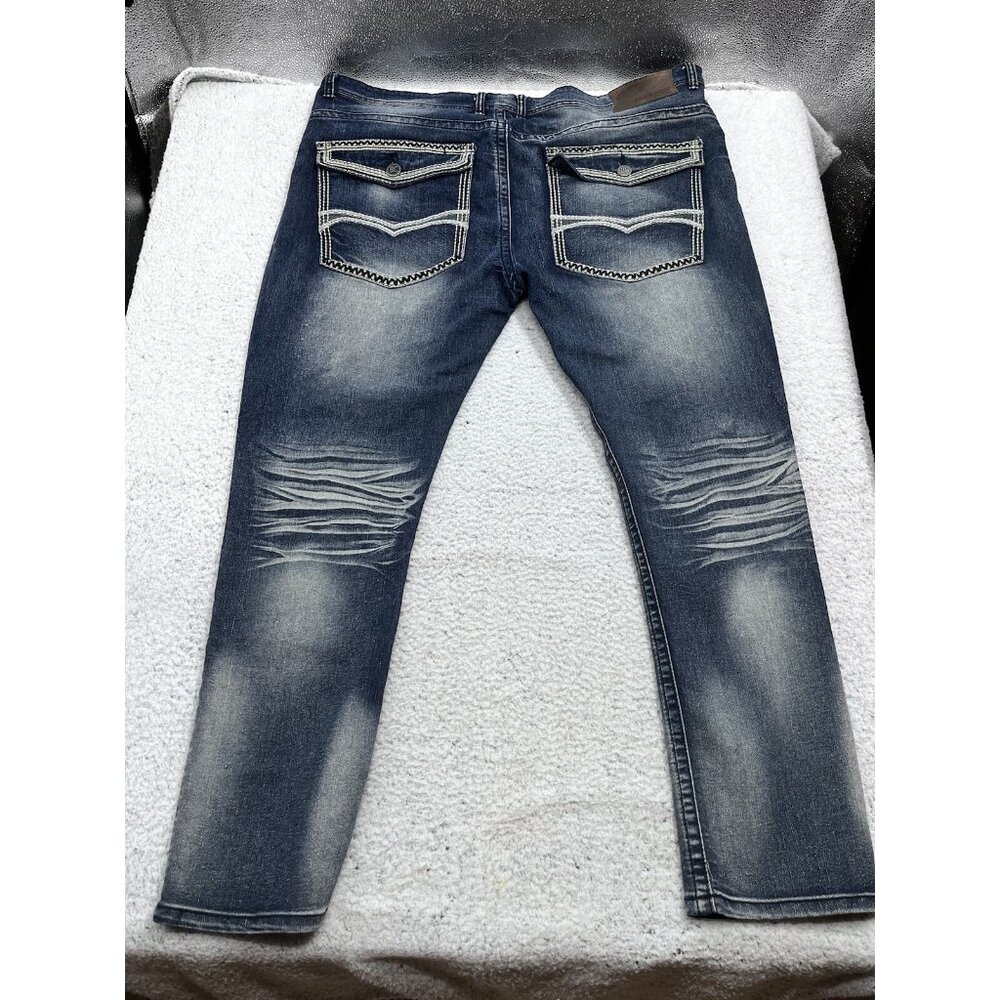 Men's Blue Cult Faded Wash Denim Jeans Embroidered Pockets Size 46x32 - Picture 9 of 11